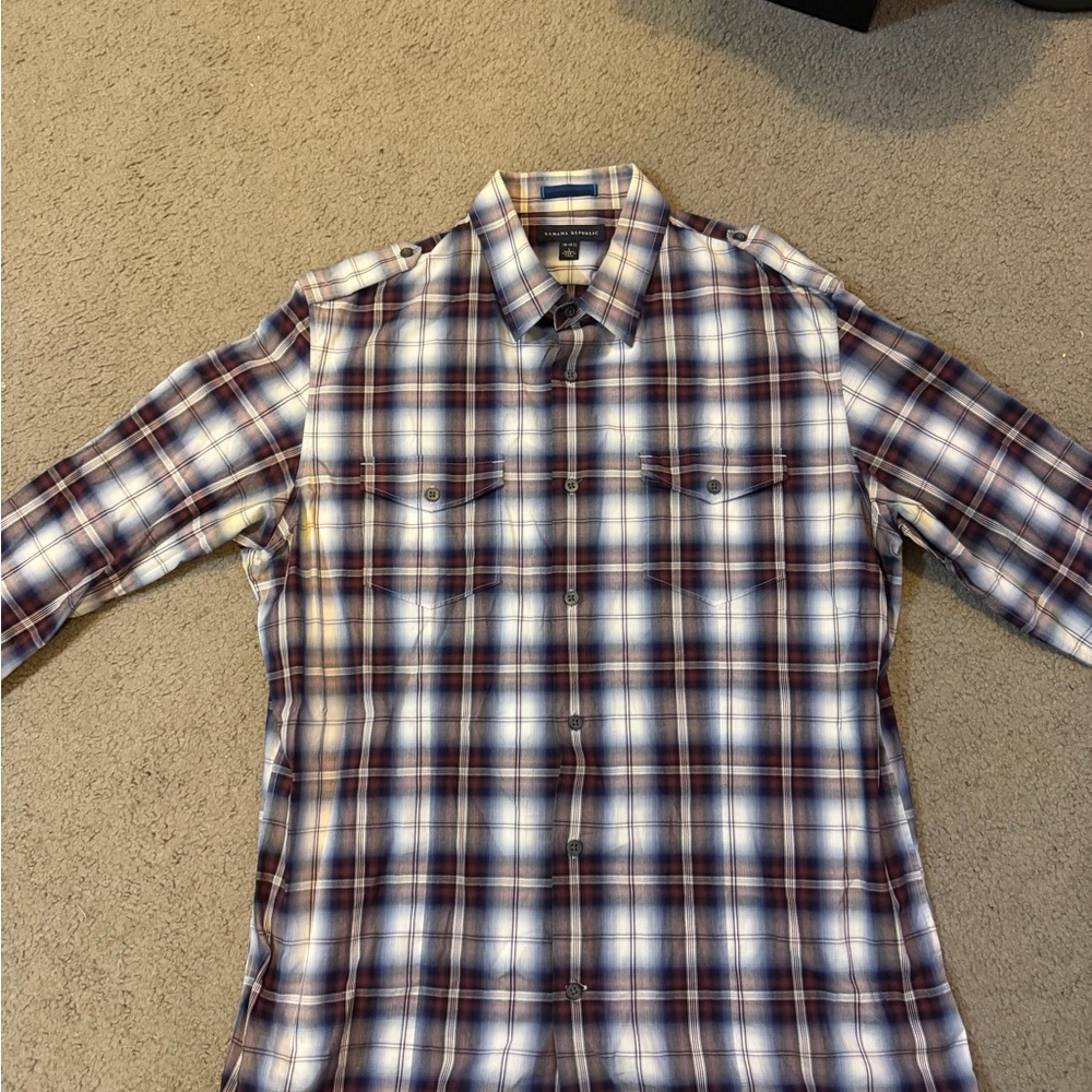 Banana Republic Men's Plaid Shirt - Blue, White, and Brown Size Large
